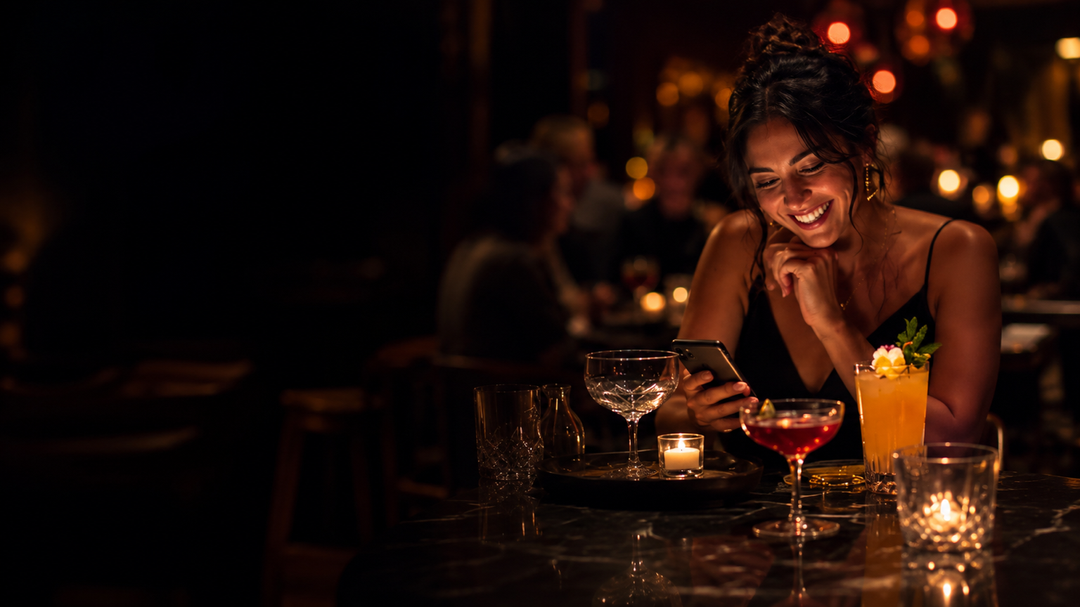 Guests gathered around a bar table with drinks during an evening service